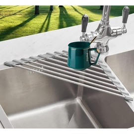 ALIMART Over the Sink Dish Drying Rack Roll Up Dish Drying Rack and Triangle Dish Drying Rack for Sink Kitchen Corner Dish Drainer Mat Foldable Stainless Steel Corner Sink Rack for Kitchen (Triangle)