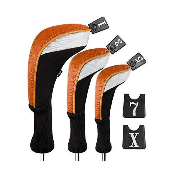 Andux 3pcs/Set Golf Club 460cc Driver Wood Head Covers with Interchangeable No. Tags Orange Long Neck