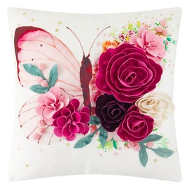 ELSKERJW Decorative 3D Pink Flower Throw Pillow Covers 18x18 Aesthetic Butterfly Accent Pillowcases Chenille Soft Cushion Covers for Chair Bed Couch Bedroom Living Room Home Decor White