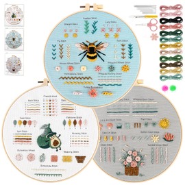 Estefanlo Embroidery Kit for Beginners-3 Sets Printed Patterns Cross Stitch Kits,Embroidery Crafts for Adults Beginners with Easy to Follow Instructions and Video Tutorials