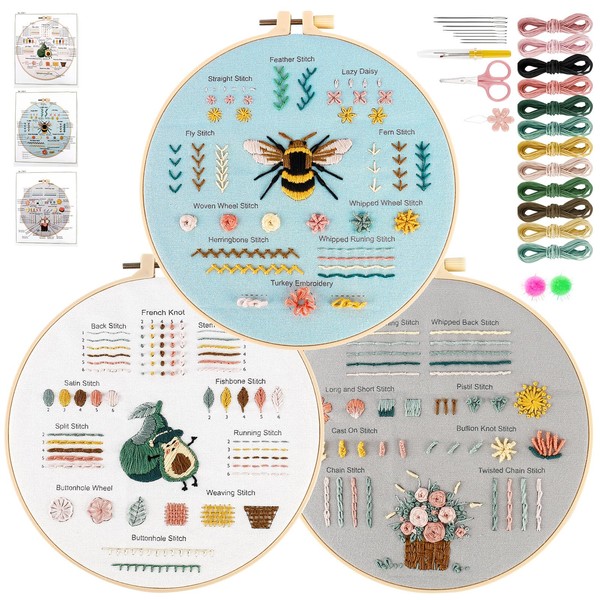 Estefanlo Embroidery Kit for Beginners-3 Sets Printed Patterns Cross Stitch