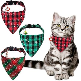 YUJUN 3Pack Christmas Cat Bandana Collars Breakaways with Bell Christmas Adjustable Plaid Snowflake Collar Buckle Safety for Puppy Kittens