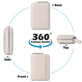RSXING Credit Card Holder Women's Genuine Leather RFID Protection Blocker Card Case Small Card Holder Purse Women Mini Card Wallet with Zip, White, Modern