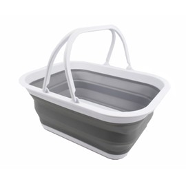 SAMMART Collpasible Basket with Handle 15L - Portable Outdoor Picnic Basket/Crate - Foldable Basin for Washing Dishes,Camping,Hiking(White/Grey)