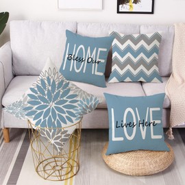 Coeufuedy Blue Outdoor Waterproof Throw Pillow Covers 18 x 18 Set of 4 Floral Geometric Bless Our Home Love Lives Here Decorative Cushion Case for Patio Furniture Bedroom Sofa Couch