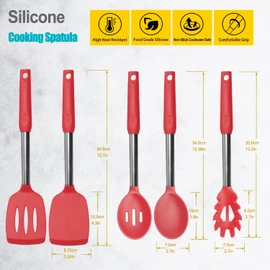 Silicone Spatula and Cooking Spoon,5 Pack Non-Stick Cooking Utensils for Kitchen，Heat Resistant Solid & Slotted Spoons and Spatulas, Stainless Steel Handle Coated with Silicone,Red