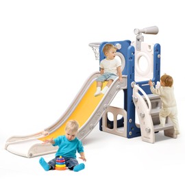 6 in 1 Toddler Playset with Slide, Kids Slide with Basketball Hoop, Ball, Ring Toss, Indoor Outdoor Toys