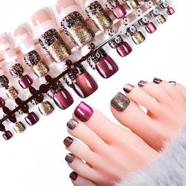 ELEVENAIL 5 Packs Press on Toenails Shimmery Red Golden Leopard Design Toenails Reusable Toe Nail Art Tips Short Squoval False Nails Salon Manicure Kits Reusable Acrylic Nails Fake Toenails