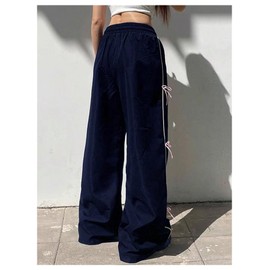 BEAUDRM Girl's Y2k Bow Baggy Pants Parachute Track Pants Wide Leg Loose Sweatpants Drawstring Joggers Hip Hop Dance Deep Blue 10Y