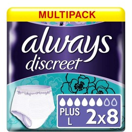 Always Always Discreet Incontinence Pants Women, Plus, 16 High Absorbency Pants, High Waisted, Odour Neutraliser, Duo Pack, for Sensitive Bladder, White, Large, (8 x 2 Packs)