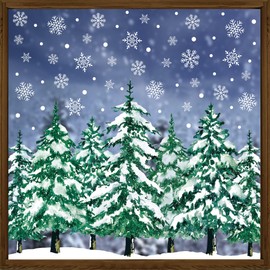 9 Sheets Christmas Window Clings Large Xmas Tree Snowflake Window Decals Snowy Watercolor Pine Tree Windows Sticker Double-Sided Winter Forest Windows Decoration for Christmas Holiday Home Glass Decor