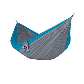 Fox Outfitters Neolite Double Camping Hammock - Lightweight Portable Nylon Parachute Hammock for Backpacking, Travel, Beach, Yard. Hammock Straps & Steel Carabiners Included (Sky Blue/Grey)