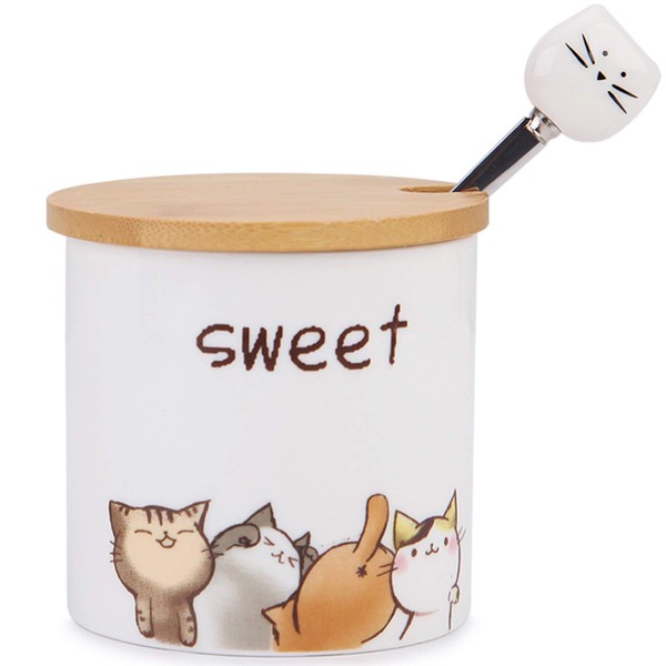 Sugar Bowl with Lid and Spoon, ChaseChic 9oz/266ml Ceramic Sugar Pot, Cute Cat Pattern Covered Sugar Bowl for Home and Kitchen, Gift for Cat Lovers