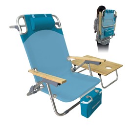 WKFAMOUT Folding Backpack Beach Chair Aluminum 5-Position with Samll Camping Table Bamboo Lay Flat Lounge Chair Outdoor for Adults with Insulated Cooler Bag