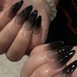 YOSOMMK Ombre Black Fake Nails Medium Almond Press on Nails with Designs False Nails Glossy Glue on Artificial Nails for Women and Girls