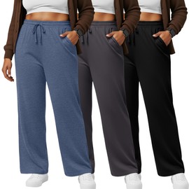 Huukeay 3 Pack Women's Plus Size Wide Leg Lounge Pants, Drawstring Baggy Yoga Trouser Casual Loose Sweatpants Palazzo Pants(Black, Cement Gray, Haze Blue,XX-Large)