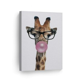 Smile Art Design Cute Giraffe with Glasses Animal Bubble Gum Art Pink Canvas Print Wall Art Home Decoration Pop Art Living Room Kids Room Decor Nursery Ready to Hang Made in The USA 12x8