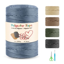 Premium 2 mm 250 m Polyester Rope, 100% Polypropylene Cord with Scissors and 4 mm Crochet Macrame Cord for DIY Crafts Crochet Knitting Plant Hanger Hanging Basket Decoration (Denim Blue)