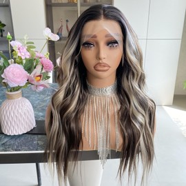 Carkira Brown Highlight Blonde Wig Ombre Dark Root 13x4 Lace Front Wigs Pre Plucked Long Loose Wave Platinum Synthetic Fiber Hair 20Inch for Women