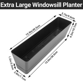 Rectangle Window Boxes, GREANER 6PCS 16x3.8 Inch Black Herb Planters with RemovableTray and Drainage Hole, Succulent Flowers Plastic Pot for Balcony, Office, Windowsill, Garden, Outdoor Decoration Use