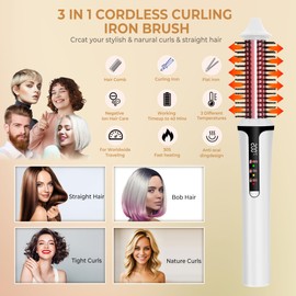 Cordless Curling Iron Thermal Brush,4000 mAh USB Rechargeable 3 Temp Setting & 3 Power Display Mini Travel Curling Iron,Heated Round Brush