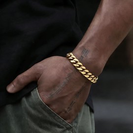 DODIY Stainless Steel Cuban Link Bracelet for Men - Gold Plated Miami Curb Chains Bracelet - Cuban Hand Chain Wrist Bracelet Hip Hop Jewelry, 11mm Width, 8.3"