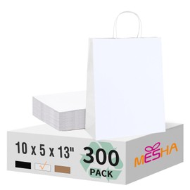 MESHA Gift Paper Bags 300 PACK 10X5X13 White Large Shopping Kraft Bags Bulk with Handles Reusable for Business,Grocery,Birthday,Wedding,Kids Party,Favors