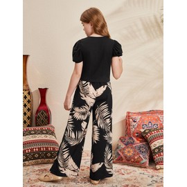 Floerns Girl's 2 Piece Outfit Puff Sleeve Round Neck Top and Tropical Print Belted Elastic High Waist Pants Sets Multicolor 10Y