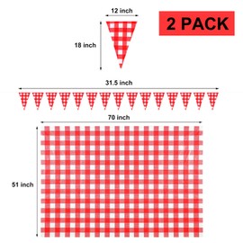2 Pieces 51 x 71 Inch Red and White Plaid Tablecloth Buffalo Checkered Plastic Rectangle Table Cover with 2 Pack 26 ft Large Plastic Triangle Pennant Banner for Picnic Kitchen Dining Party