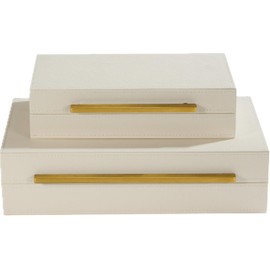 Set of 2 Pearl White Decorative Boxes With Gold Metal Handles，Faux Leather Jewelry Boxes Modern Storgage Boxes keepsake And Memory Storage Boxes,Home Organizer Box (Pearl White-Gold, 2pack)