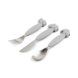 Done by Deer Easy-grip Cutlery Set Deer Friends Grey - Toddler Spoon, Fork and Knife with Soft Silicone Anti-Slip Handles - Sturdy Design for Rough Handling - Comes in Beautiful Gift Box