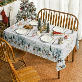 Artoid Mode Gold Snowflakes Trees Deer Christmas Table Cloth, Rectangular 140x160 cm Xmas Table Cover Protector For Party Home Table Decorations