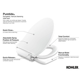 KOHLER 5724-96 Puretide Elongated Bidet Toliet Seat, Manual Non-Electric Bidets for Existing Toilets, Adjustable Bidet Sprayer, Biscuit