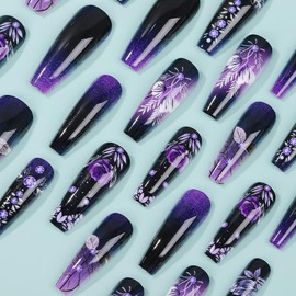 24 Pcs Dark Purple Press on Nails Medium Square - WLGDLH Coffin Fake Nails Ombre False Nails with Purple Flowers Design Glossy Nail Tips Full Cover Acrylic Glue on Nails for Women