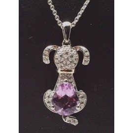Unbranded Sterling 925 Two - Tone CZ Cluster Purple Amethyst Puppy Dog Pet Necklace 18''