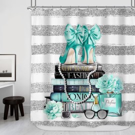 Riyidecor Fashion Women Shower Curtain 60Wx72H Inch Teal Silver Modern Magazine Girly White Stripe Rose Flower High Heel Makeup for Girl Bathroom Decor Fabric Polyester Waterproof 12 Pack Hooks
