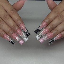 FIEONCIY Press on Nails Coffin Long French Glossy Full Cover Acrylic Square False Nails with Star Glitter Rhinestone Designs Artificial Ballerina Fake Nails with Charm Glue on Fingernails for Women