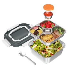 Improved Lunch Box Adult Stainless Steel Leak-Proof 1900 ml Stainless Steel Lunch Box Large Salad Box to Go with Fork, Lunch Box with Compartments and Sealing Ring, Bento Box for Work, School, Picnic