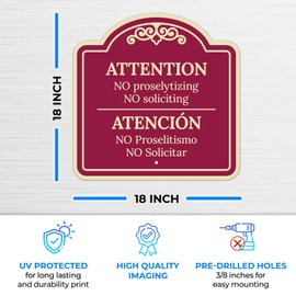 Attention No Proselytizing No Soliciting Bilingual Décor Sign, Burgundy Dark, 18x18 Inches, ACM, Fade Resistant, Made in USA by Sigo Signs