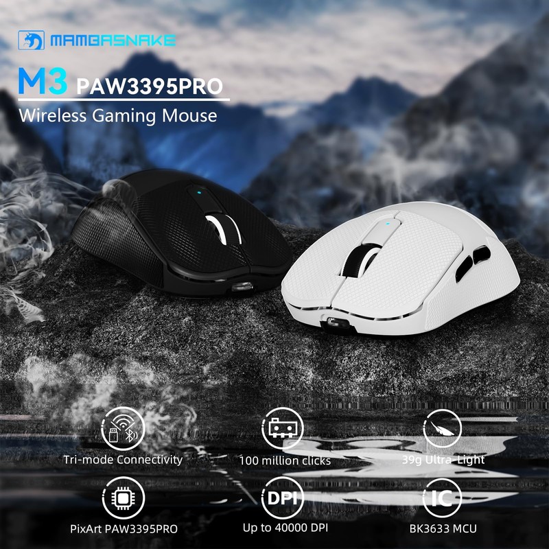 MAMBASNAKE M3 Wireless Gaming Mouse,39g Ultra-Lightweight BT/2.4GWireless/Wired Gaming Mouse,PAW3395PRO 40K