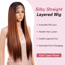 Style Icon Long Straight Wig 13x7 Synthetic Lace Front Wig 26 inch Cooper Red Highlight HD Lace Frontal Glueless Wig Pre Plucked with Baby Hair Free Part Reddish Brown