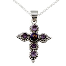 NOVICA Artisan Handcrafted Amethyst Cross Necklace Sterling Silver Reconstituted Turquoise Purple Pendant India Birthstone [necklace Length 18 in L Necklace Width 2 mm W Pendant(s) 1.6 in L x 1 in W ]