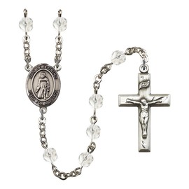 San Peregrino Silver-Plated Rosary 6mm April Crystal Fire Polished Beads Crucifix Size 1 3/8 x 3/4 medal charm