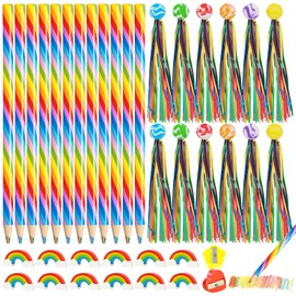 SRunDe 38-Piece Stationery Set Rainbow with 12 Rainbow Pencils 12 Rainbow Erasers Children 12 Bouncy Balls with Tail 2 Pencil Sharpeners Colouring Pencils Gift Children's Birthday