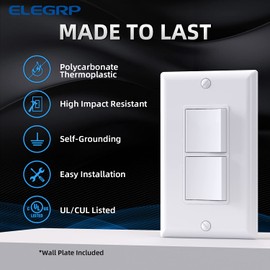 ELEGRP Decorator Double Rocker Light Switch, Two Single Pole Electrical Paddle, 15A 120V, in-Wall On/Off, Self-Grounding, Wall Plate Included, UL Listed (1 Pack, Glossy White)