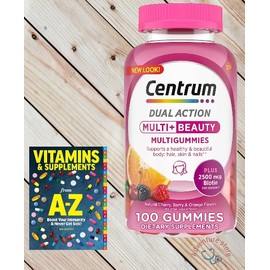 Centrum MultiGummies Multi+ Beauty Dual Action Multivitamin, Specially Designed with Biotin for Healthy Hair, Skin and Nails, Cherry/Berry/Orange Flavors - 100 Count + Free Guide Vitamins Supplements