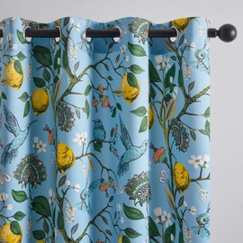 Topfinel Blue and Gold Unique Blackout Curtains 63 Inches Long 2 Panels, Floral Hummingbird Lemon Printed Colorful Energy Efficient Antique Noise Grommet Drapery Treatment for Window Nursery Classroom