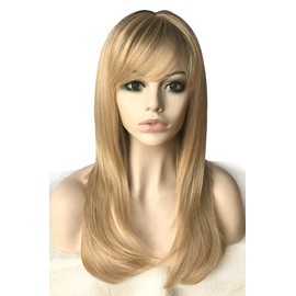 Auflaund Long Straight Blonde Wigs Imported Synthetic Ombre Dark Root Layered High Dentistry Glazed Hair Replacement Wigs for Women with Inclined Bangs 22 Inches (T/Blonde)