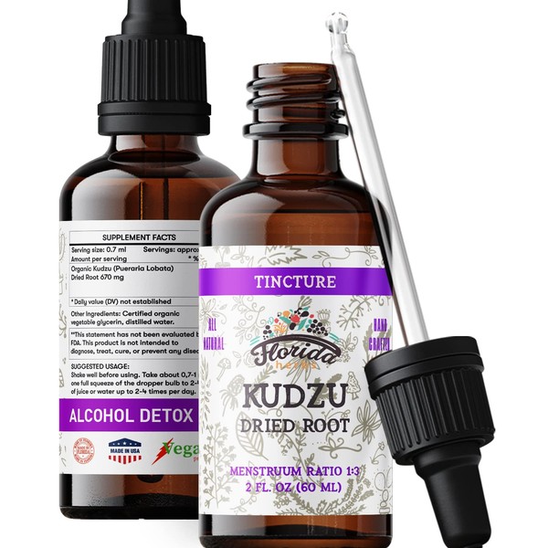 FLORIDA HERBS Kudzu Liquid Extract, Organic Kudzu Tincture (Pueraria lobata) Dried Root Herbal Supplement, Non-GMO in Cold-Pressed Organic Vegetable Glycerin 700 mg, 2 oz (60 ml)