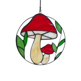 BOXCASA Mushroom Decorations Stained Glass Window Hanging,Red Mushroom Decor Stained Glass Suncatcher for Window Bedroom Livingroom,Mtshroom Party Decorations Nature Decor Potted Plant Decor